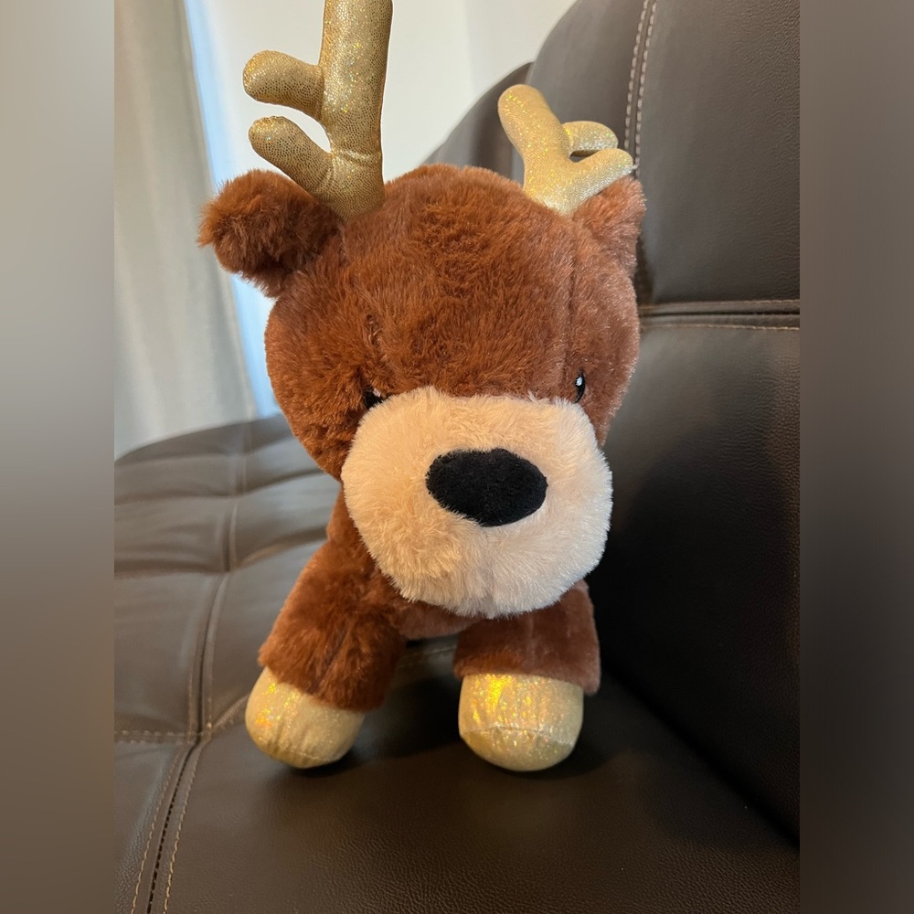 Brown Plush Reindeer Toy with Gold Antlers Brand New